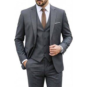 Men's Dark Grey 3 Piece Set With Tie Slim Fit Prom Party Wedding Business Suits